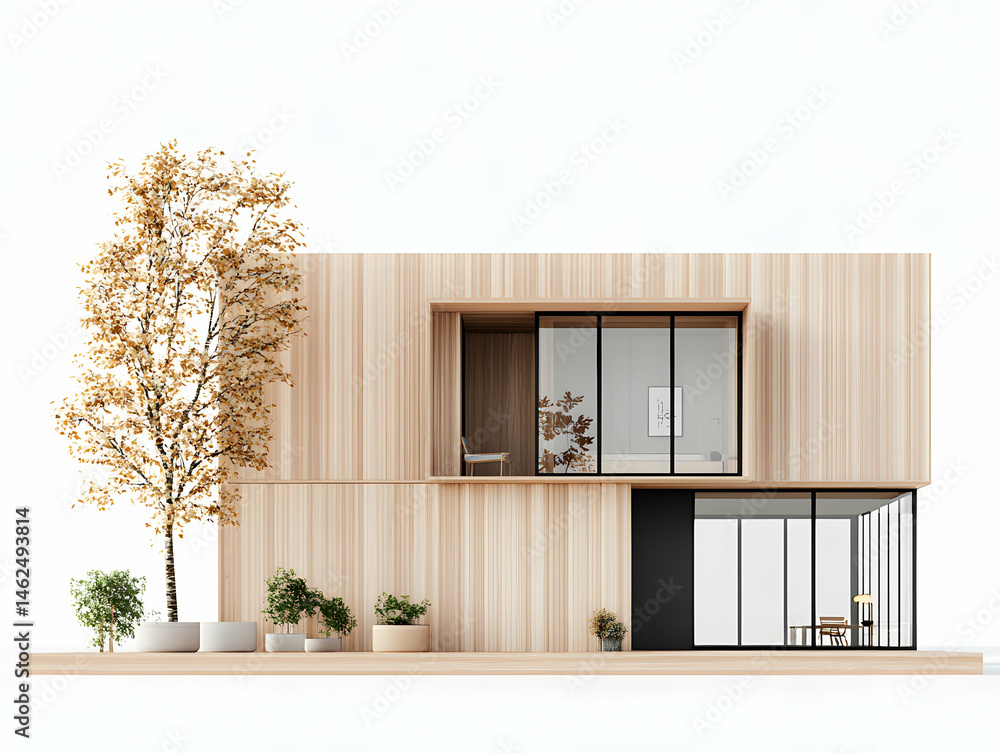 Poster modern minimalist house design with natural wood elements. suitable for architectural presentations 
