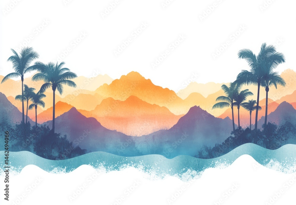 Poster the scene of a beach at sunset with palm trees and waves is depicted in a calm and serene tropical w
