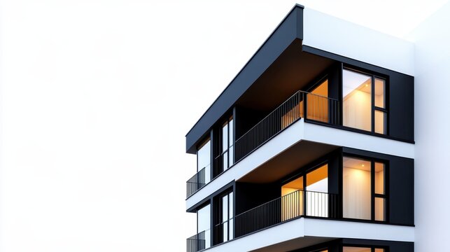 A striking modern residential building showcases sleek architectural lines, spacious glass balconies, and warm lighting that enhances its contemporary aesthetic at dusk.