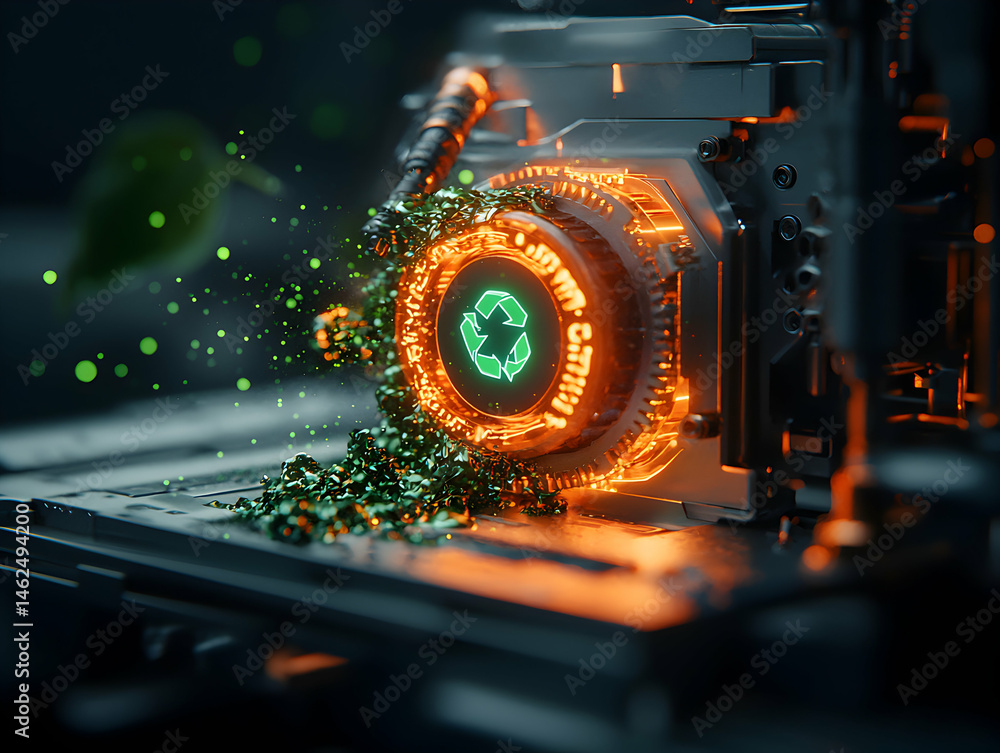 Poster a futuristic image featuring a circular device with a recycling symbol glowing. the device appears t