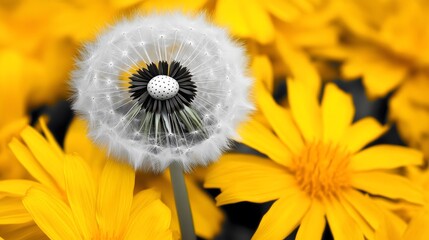 Stunning Black and White Dandelion amongst Yellow Flowers