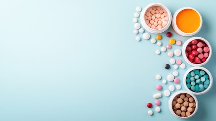 This visually exciting image showcases an assortment of colorful candies in round bowls, laid out playfully on a soft blue background, capturing the essence of fun and indulgence.
