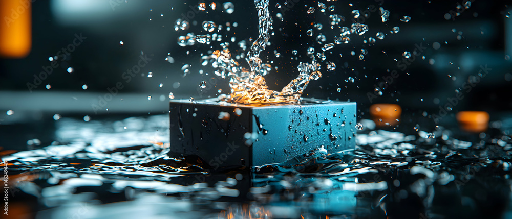 Poster water splashing on a blue block. a dynamic image conveying freshness and energy. use as a desktop wa