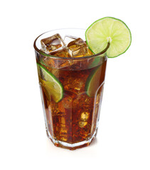 Tasty Cuba Libre cocktail in glass isolated on white