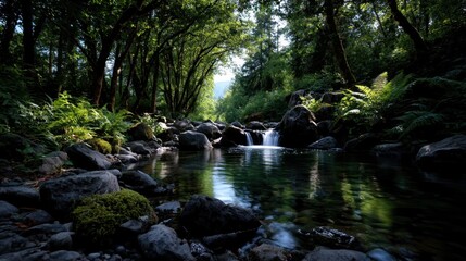 Naklejka premium Small waterfall flowing into a still pool surrounded by rocks, ferns, and arching trees in a lush forest setting