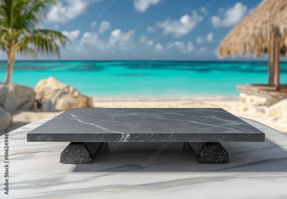 Poster the image depicts a dark, empty table with a textured surface, positioned in front of a clean blue b