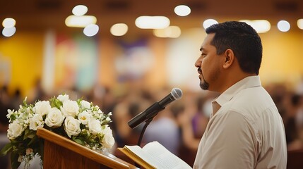 Pentecostal pastor delivers dynamic sermon to engaged congregation during a lively church service in a vibrant worship space
