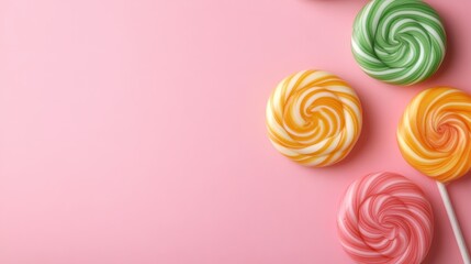 A vibrant collection of swirled lollipops in bold colors on a soft pink background evokes a sense of nostalgia, fun, and sweetness, appealing to all ages with their playful design.
