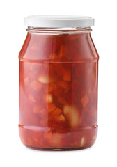 Chopped pickled vegetables in jar isolated on white