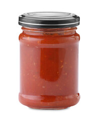 Tasty lecho in jar isolated on white