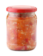 Tasty lecho in jar isolated on white