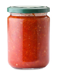 Tasty lecho in jar isolated on white