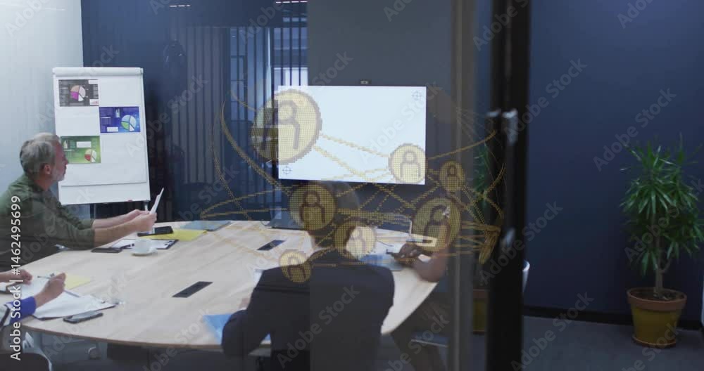 Poster team collaborating around conference table in business meeting showing network icons and pie chart