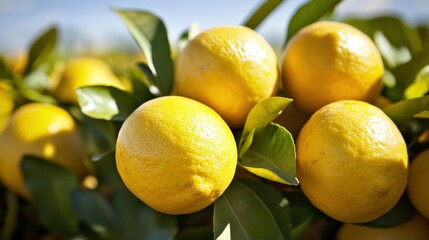 Close-up view of fresh yellow lemons on a branch.