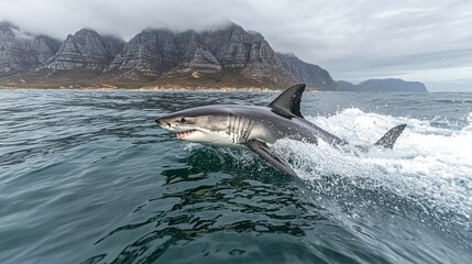 Fototapeta premium Great white shark breaches the water's surface, showcasing powerful physique against a backdrop of dramatic mountains