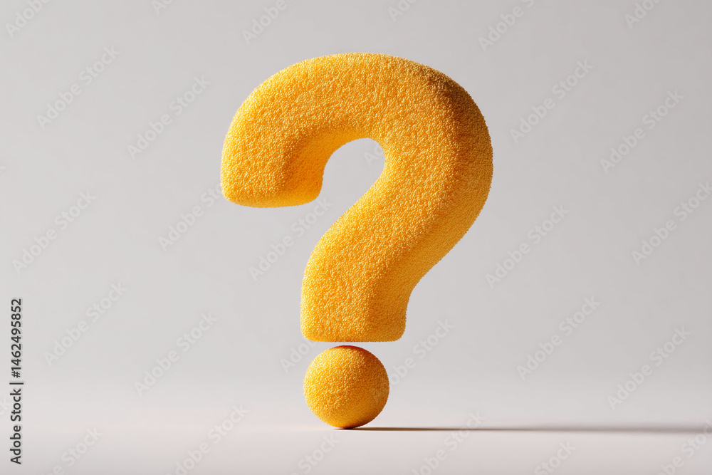 Poster yellow textured question mark and dot on neutral background, symbolizing inquiry, uncertainty, or th