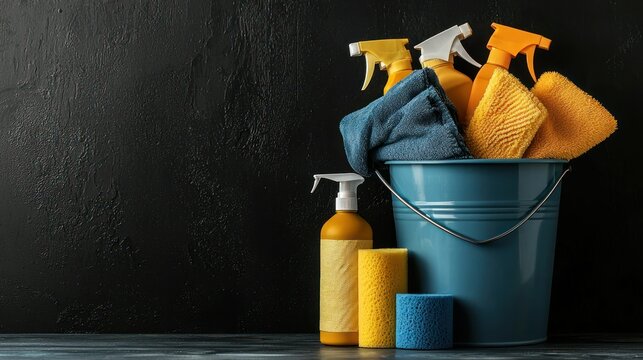 Cleaning supplies in a bucket