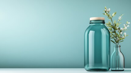 Two elegant glass vases, one large and one small, are adorned with delicate foliage, set against a calming blue background, representing tranquility and refined interior aesthetics.