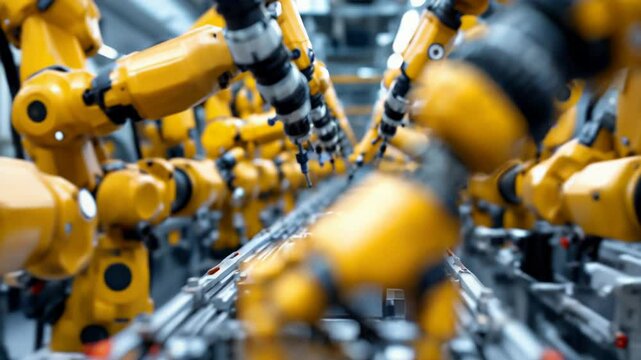 Automated yellow robotic arms working in synchronized motion on factory line. Concept of high-efficiency production and industrial robotics