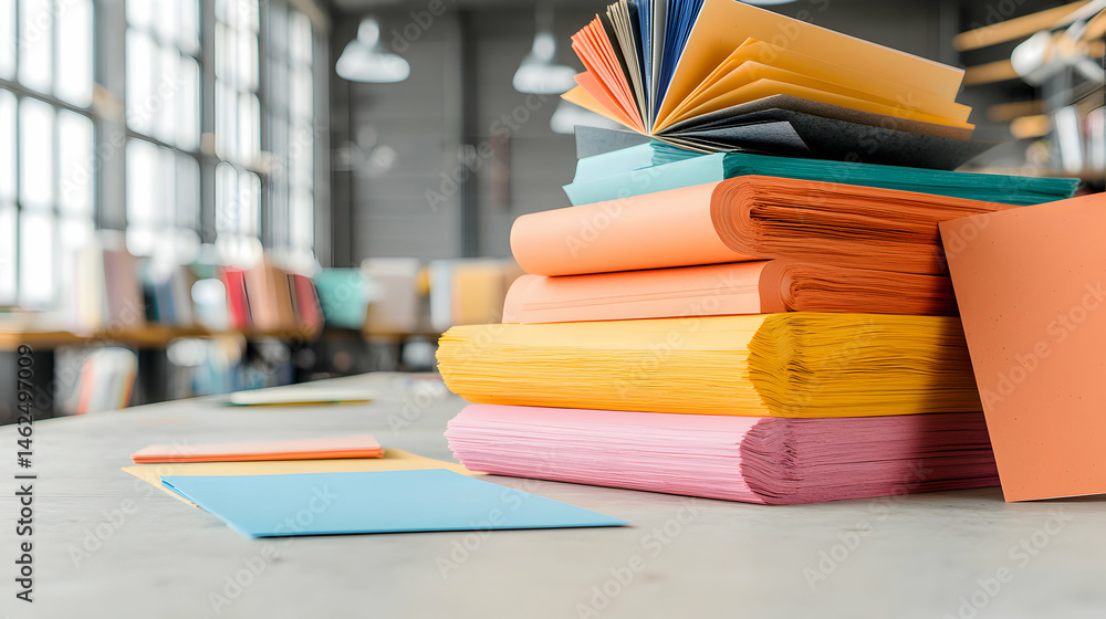 Poster colorful stacked paper sheets in a library or workspace. ideal for art projects presentations or org