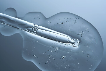 Anti-aging facial serum with a dropper on a blue background.