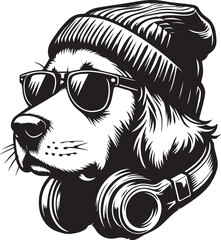 Cool Dog with Headphones, Sunglasses, and Beanie - Black and White Hipster Animal Illustration