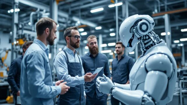 Group of engineers discussing documents with humanoid robot in modern factory. Concept of teamwork in smart industrial environments