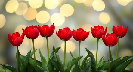 A vibrant springtime landscape featuring a stunning field of red tulips, bathed in the warm, golden light of a sunset, highlighting nature's beauty