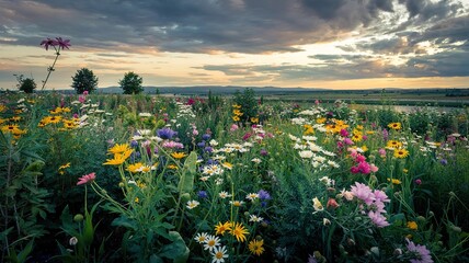Vibrant wildflower meadow under a dramatic sky at sunset, distan