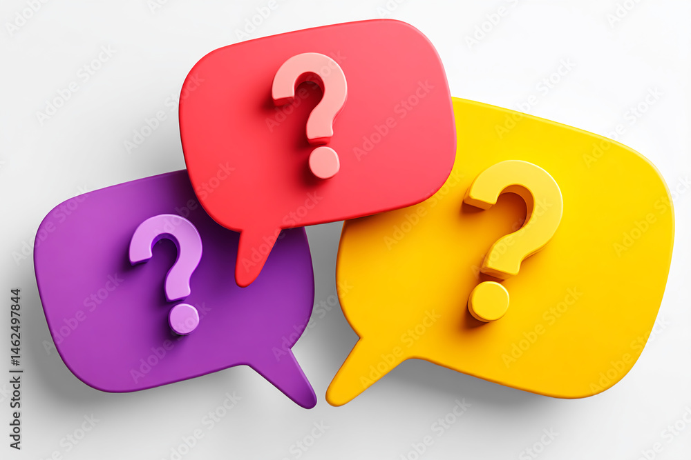 Poster three colorful speech bubbles with question marks, symbolizing queries, inquiries, or faqs, ideal fo
