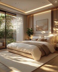 Modern bedroom, sunlight, garden view, luxury interior design, home staging