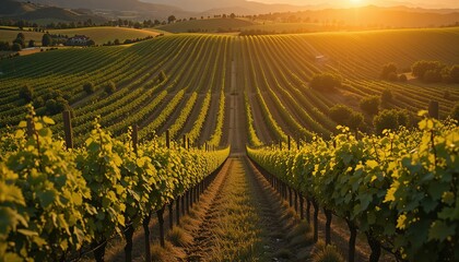 Vineyard Rows at Sunset: Golden Light on Grapevines and Distant