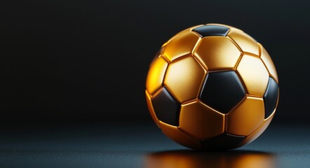 Fototapeta premium Against a black background, a golden soccer ball is displayed, embodying the ideas of football, sports, awards, championships, winners, and trophies