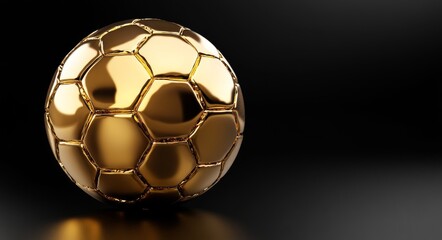 A 3D rendered image of a golden soccer ball on a black background embodies the concept of sports, awards, and a champion trophy