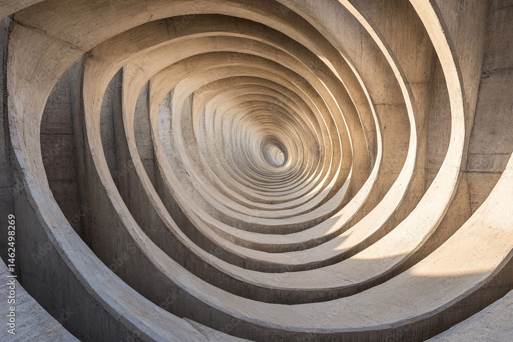 Poster architectural design showcasing chaotic spiral creation in a concrete structure at midday