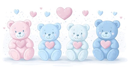 Cute pastel teddy bears holding hearts, arranged in a row.