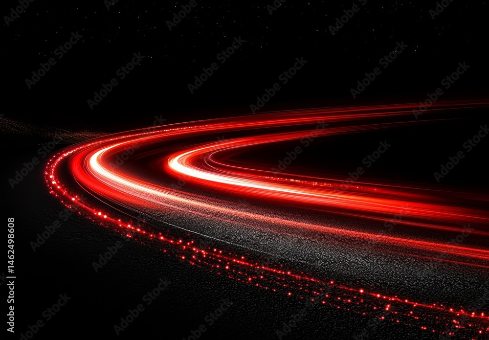 Poster a radial burst of abstract light explodes with glowing particles and red and white lines on a black 