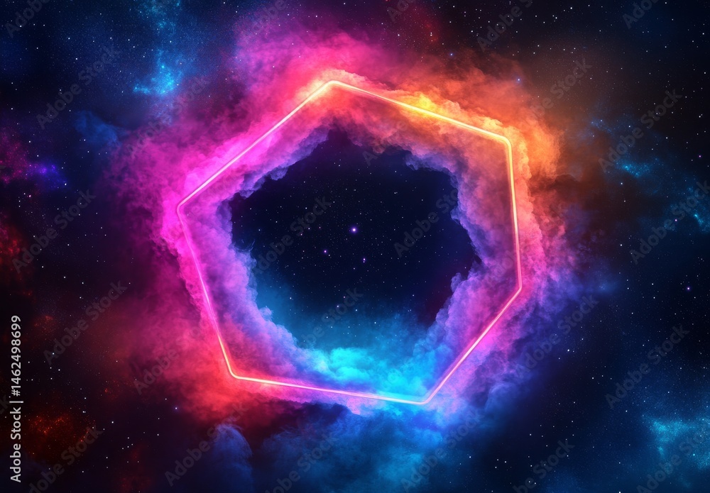 Poster the image depicts a neon-lit tunnel with geometric lines, created using 3d rendering techniques, and
