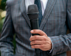Close-up of a reporter's microphone in the hands of a correspond