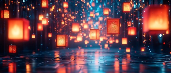 Glowing lanterns, night scene, fantasy
