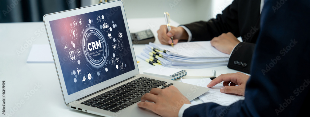 Poster customer relationship management system on brisk computer for crm business and enterprise