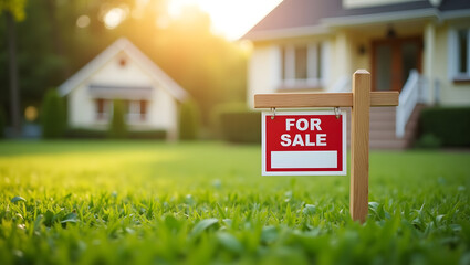 A 'for sale' sign infront of a house with lush green lawn, real estate, morgage, property concept
