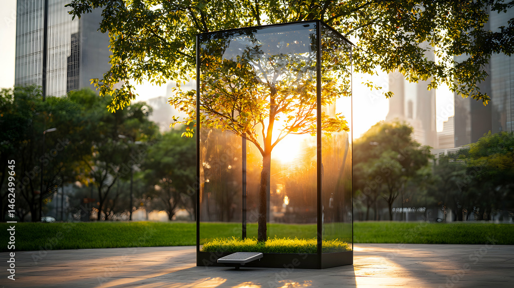 Poster a tree is enclosed in a glass cube in a city park. this art installation can be used to create stunn