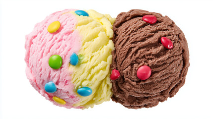 Two scoops of ice cream, one with colorful candy on top and the other in chocolate sauce. The two colors of pink, white, blue, yellow, green, and brown blend together, 