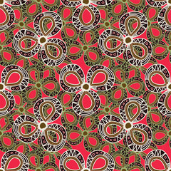 Seamless floral pattern, artistic ditsy print with vintage motif. Elegant botanical design with simple hand drawn plants: small white flowers, leaves on a black background. Vector illustration