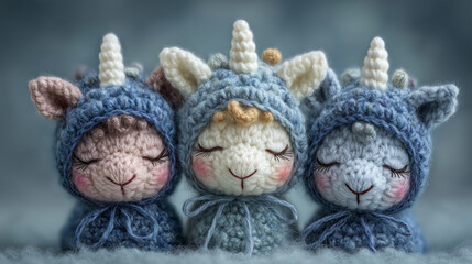 Fototapeta premium Three cute, kawaii-style animals wearing a blue beanie with horns. In the middle is an adorable animal dressed as a unicorn.