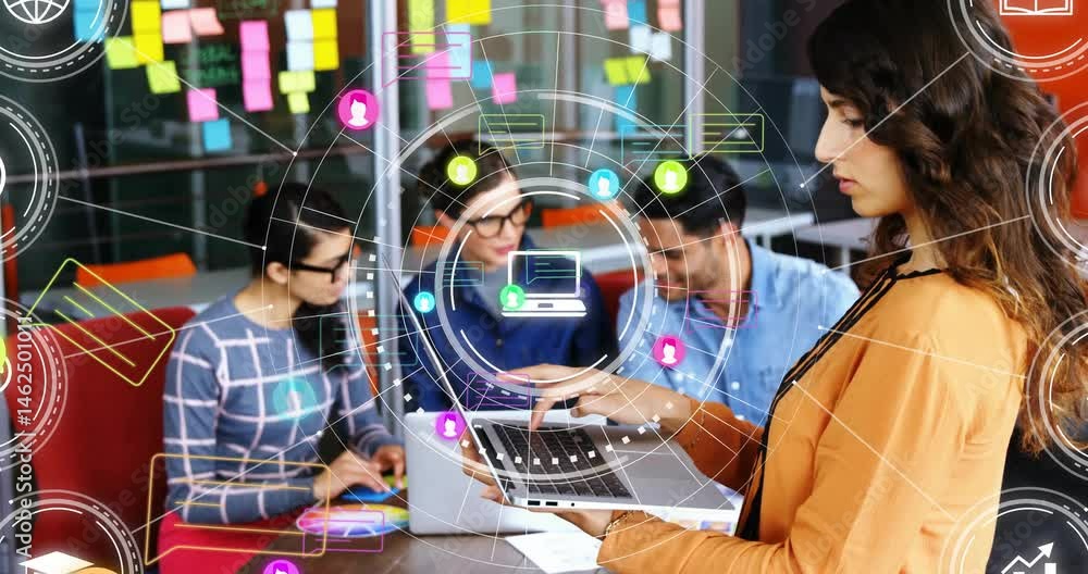 Poster group of colleagues collaborating on digital technology in open-plan office, with floating ui icons