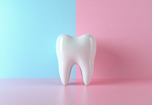 Bright white teeth on a pink and blue background serve as a representation of the dental healthcare concept, highlighting oral hygiene and tooth care