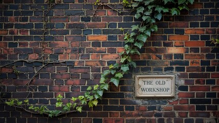 Weathered Brick Wall with Ivy and "The Old Workshop" Signage