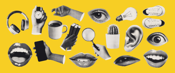 Halftone art collage cut outs set. Vector set with hands, ear, eyes, mouth, mug, light bulb, cactus, magnifying glass. Vector graphics.